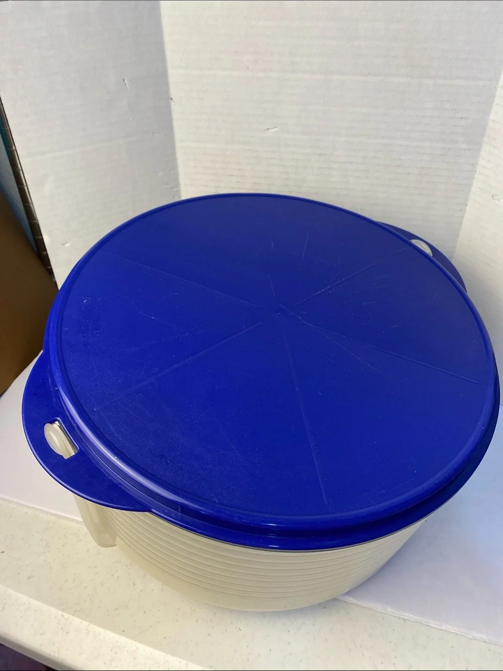 Vintage Tupperware Plastic Cake Pie Carrier Taker Container Blue Base Clear Lid